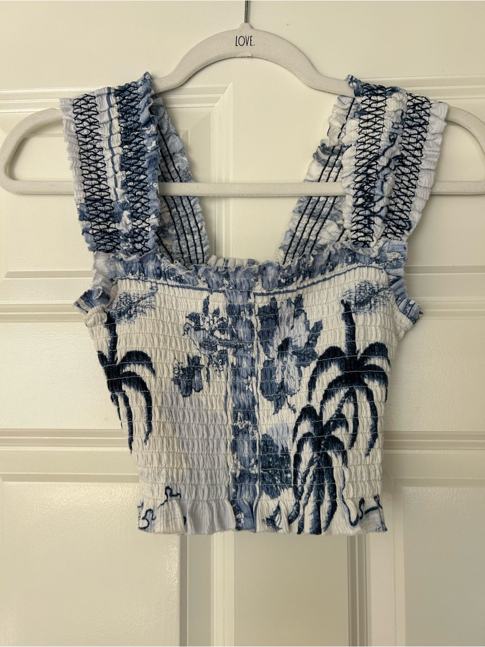 Urban Outfitters White Crop Top with Blue Floral & Palm Print